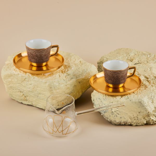 Luxury Majlis- Glass Pot and Turkish Coffee cups -Glossy Brown