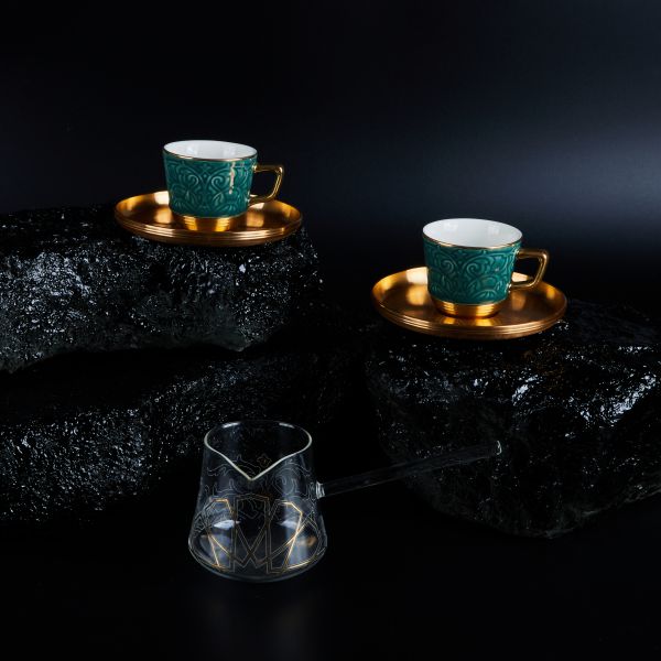 Luxury Majlis- Glass Pot and Turkish Coffee cups -Glossy Green
