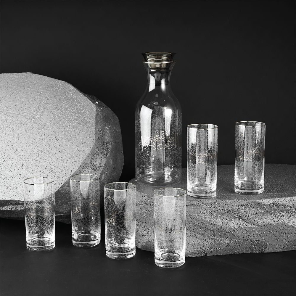 Elegant Joud- Glass Jug & 6 Tall Cups - Silver