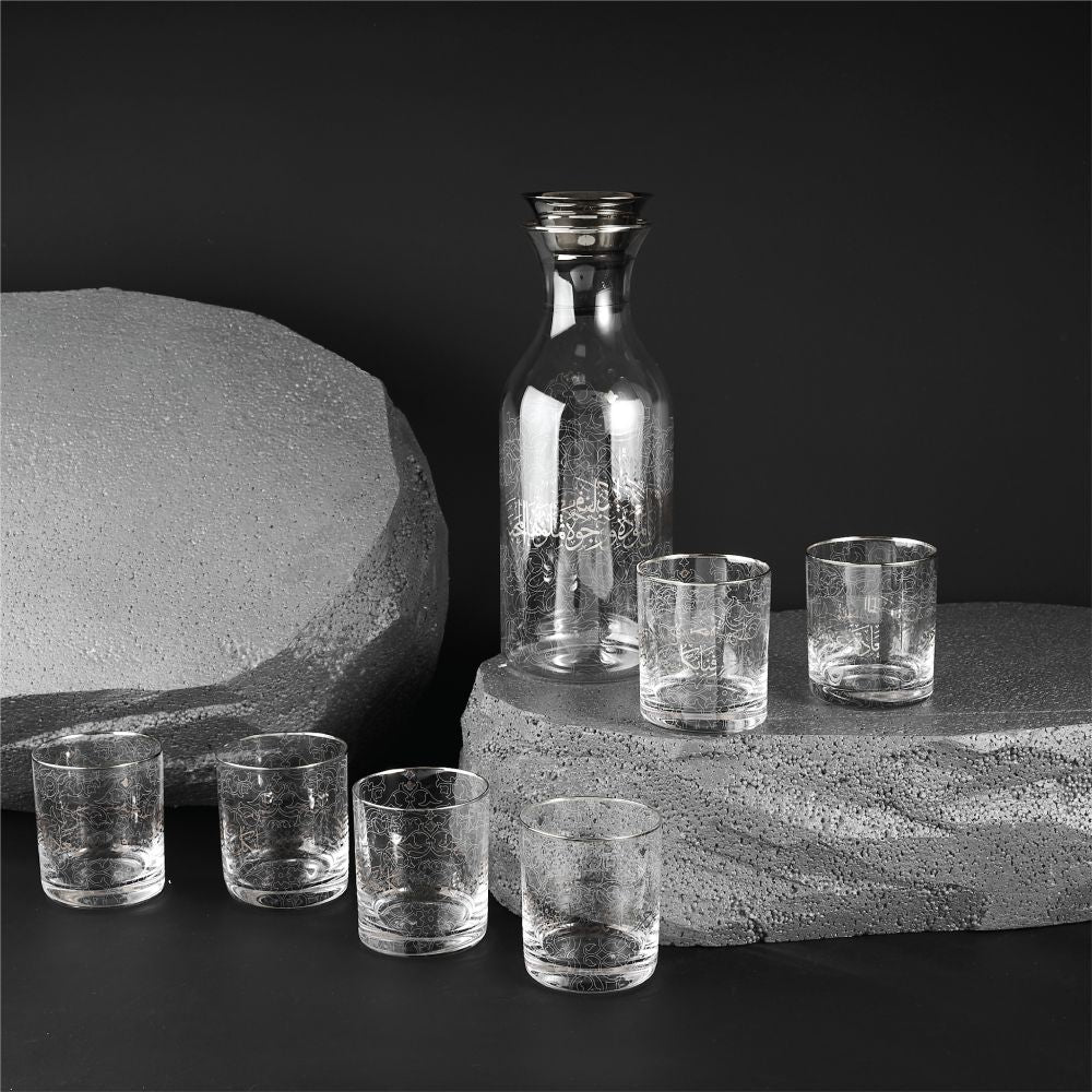 Elegant Joud- Glass Jug & 6 Short Cups - Silver