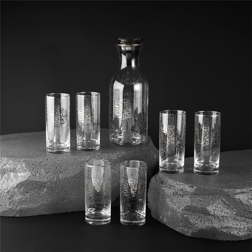 Zuwar Joud- Glass Jug & 6 Tall Cups - Silver