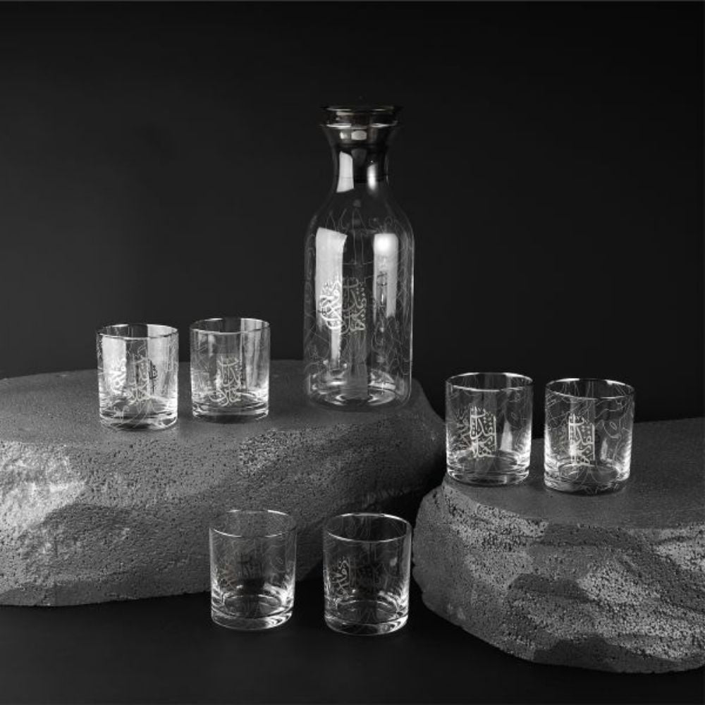 Zuwar- Glass Jug & 6 Short Cups - Silver