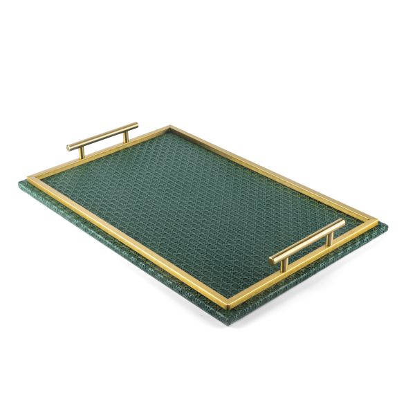 Rattan- Leather Serving Tray- Green & Gold