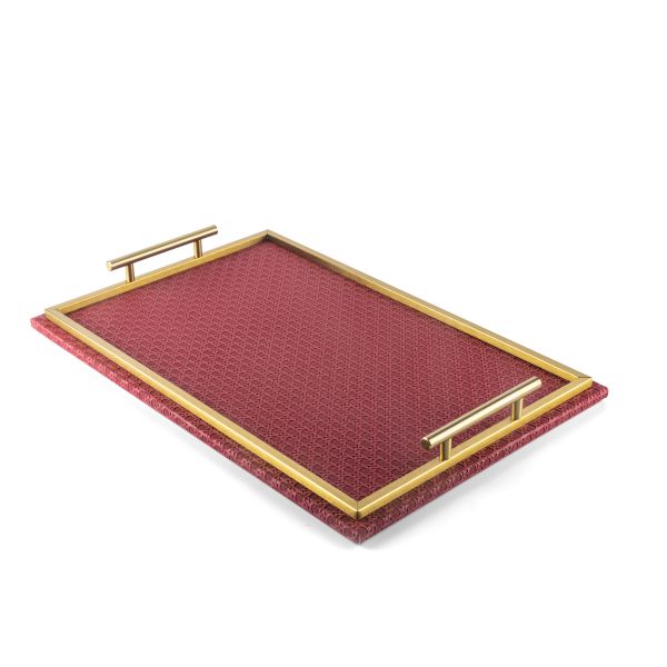 Rattan- Leather Serving Tray- Red & Gold