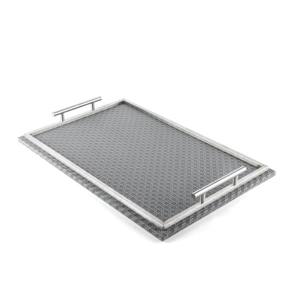 Rattan- Leather Serving Tray- Grey & Silver
